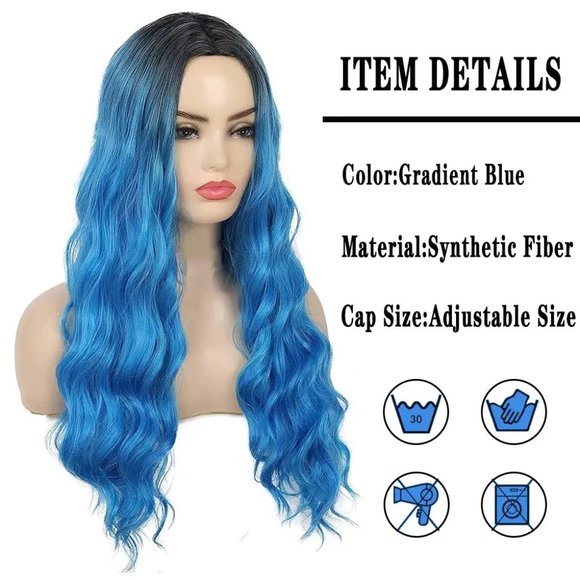 Ombre Blue Long Straight Hair Wig with Bang - Picture 2 of 4